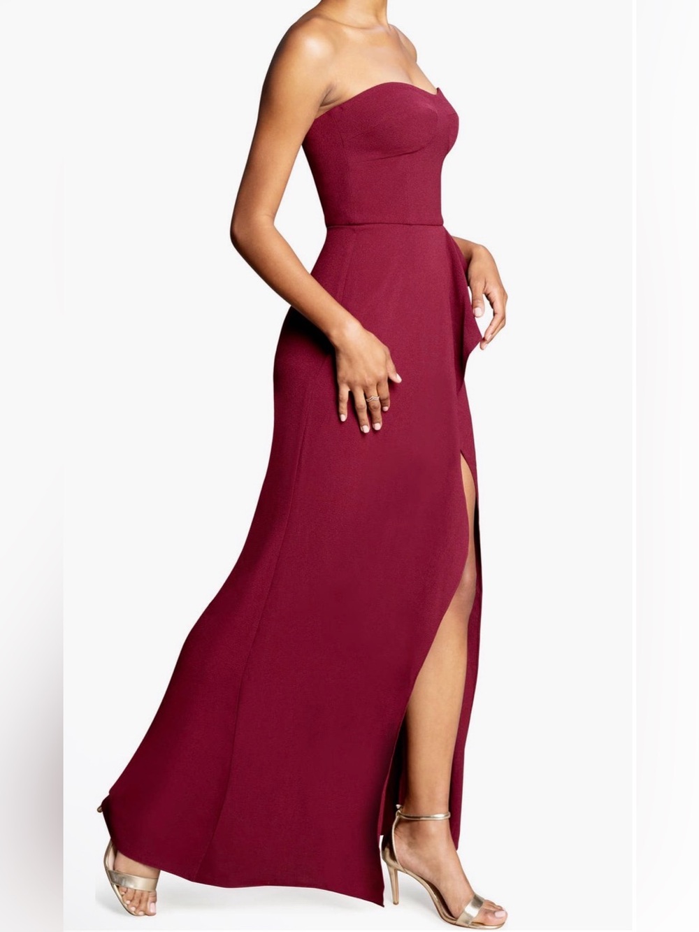NEW Dress the Population Kai Strapless Ruffle Maxi Dress in Burgundy Size XS